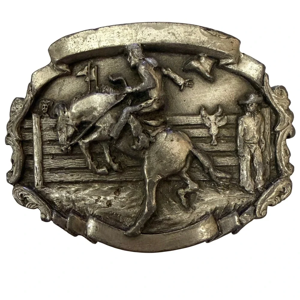 Vintage 1981 Bergamot Brass Works Rodeo Bronc Rider Belt Buckle C-86 Pewter Tone
